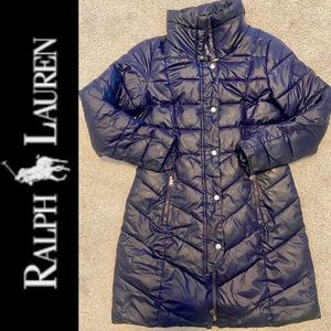 RALPH LAUREN MIDI PUFFER COAT BLUE NAVY ZIPPER